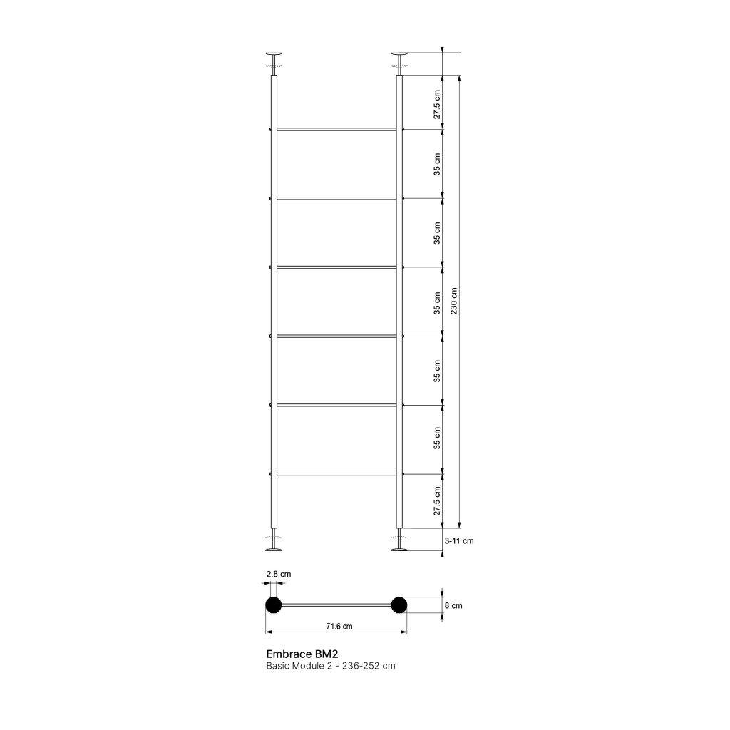 Technische Zeichnung von WoodUpp: Embrace BM2 (Basic Module 2, 236–252 cm) mit zwei vertikalen Teleskopstangen, sechs horizontalen Regalböden/Streben, Fußplatte, verstellbarem Deckenfuß und Maßen (B 71,6 cm, RohrØ 2,8 cm, Abstände 35 cm, Höhe 236–252 cm). Fußverstellung 3–11 cm, oberer Rand 27,5 cm, Sockel 8 cm.